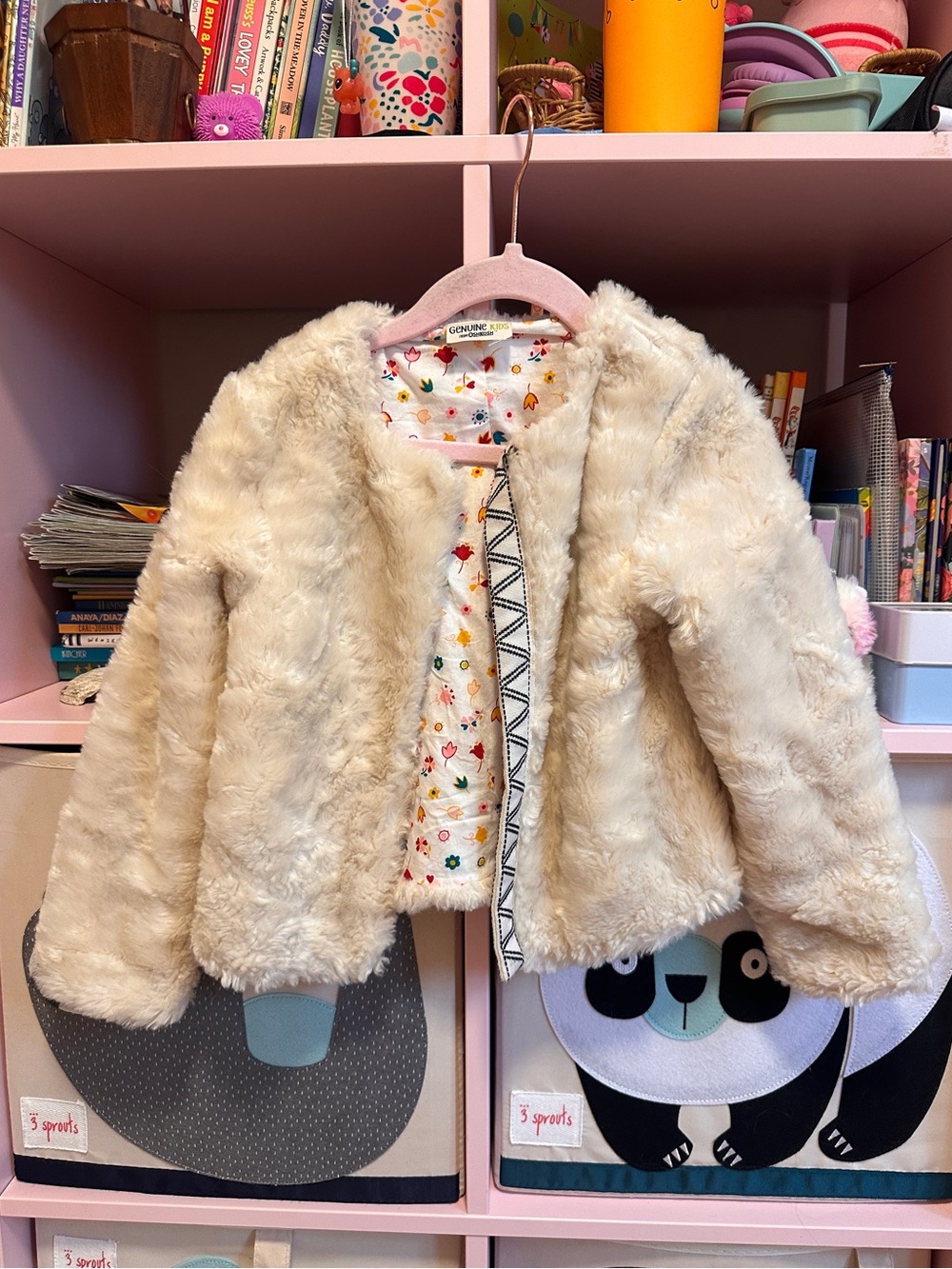 Genuine Kids by OshKosh Cream Faux Fur Jacket with Floral Lining